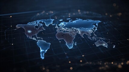 Startup Strategies for Business Expansion concept. A digital representation of a world map, illuminated in blue hues, showcasing a networked, tech-inspired look against a dark background.