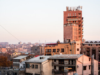 residential district in Yerevan in pink twilight