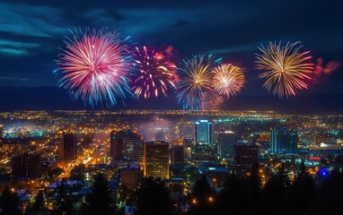 Fototapeta premium A city skyline with colorful fireworks lighting up the night sky for new years eve
