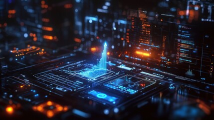 Obraz premium Futuristic data visualization with glowing blue and orange elements in a digital landscape.