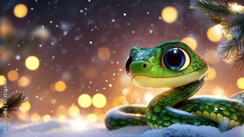 Poster a cute green snake enjoys a snowy christmas scene with twinkling lights. perfect for holiday-themed 