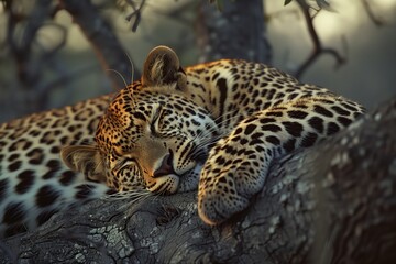 Obraz premium A serene leopard resting on a tree branch, showcasing its beautiful spotted fur.