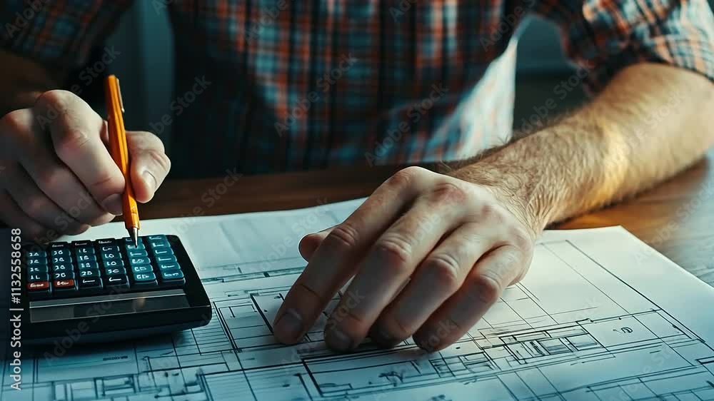 Aufkleber at a spacious table, an architect looks over multiple blueprints of a house, running cost calculatio