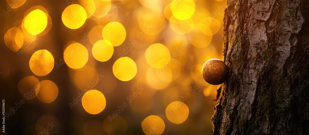 Poster brown ball resting on tree trunk with golden blurred lights creating a dreamy bokeh effect in the ba