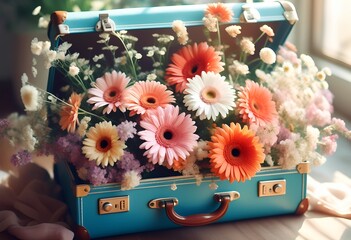 A vintage suitcase overflowing with vibrant flowers in various colors - Powered by Adobe