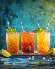 Fototapeta premium Three colorful drinks with ice, mint, and lime on a vibrant blue background.