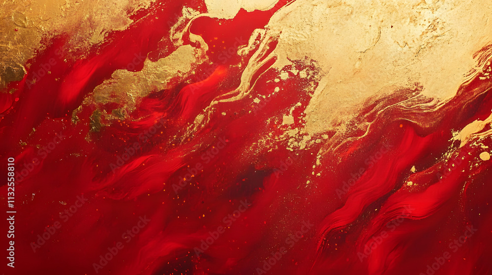 Poster chinese abstract gold ink in red paper texture fat paint on surface background flat lay top view cop