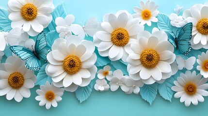 Obraz premium Beautiful Floral Arrangement with White and Yellow Paper Flowers, Blue Butterflies, and Vibrant Leaves on a Soft Blue Background