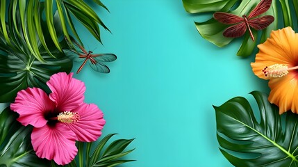 Vibrant Tropical Background With Colorful Flowers, Lush Green Leaves, Butterflies, and Dragonflies Creating a Lively Summer Atmosphere Ideal for Creative Projects