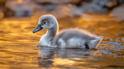 Fototapeta premium Gentle young swan gliding through shimmering waters at golden hour showcasing soft plumage and serene elegance in a tranquil setting