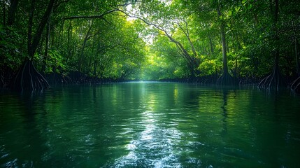 Obraz premium A forest with a river running through it