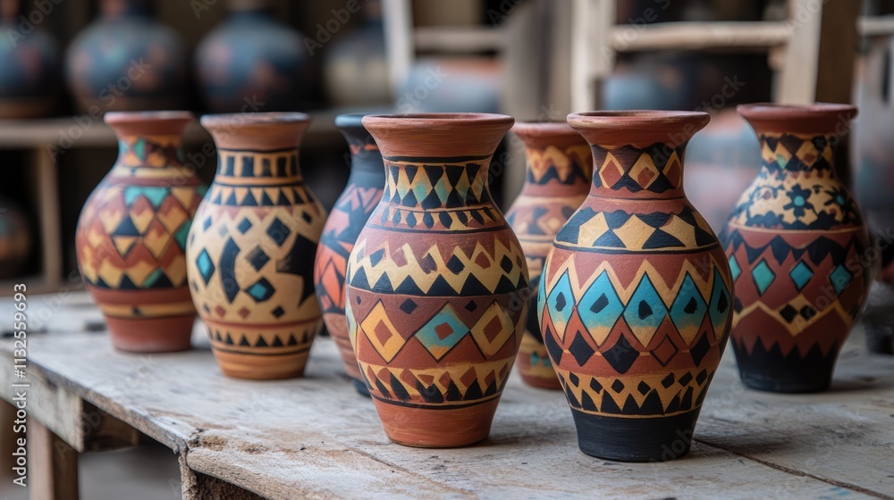 Poster handcrafted painted clay vases with intricate patterns displayed on a rustic wooden table in a vibra