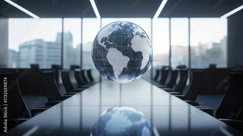 Poster a digital globe hovering over a modern conference table in a sleek office setting.