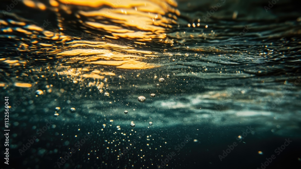 Aufkleber air bubbles rising in dark water with reflections of light creating abstract textures and patterns