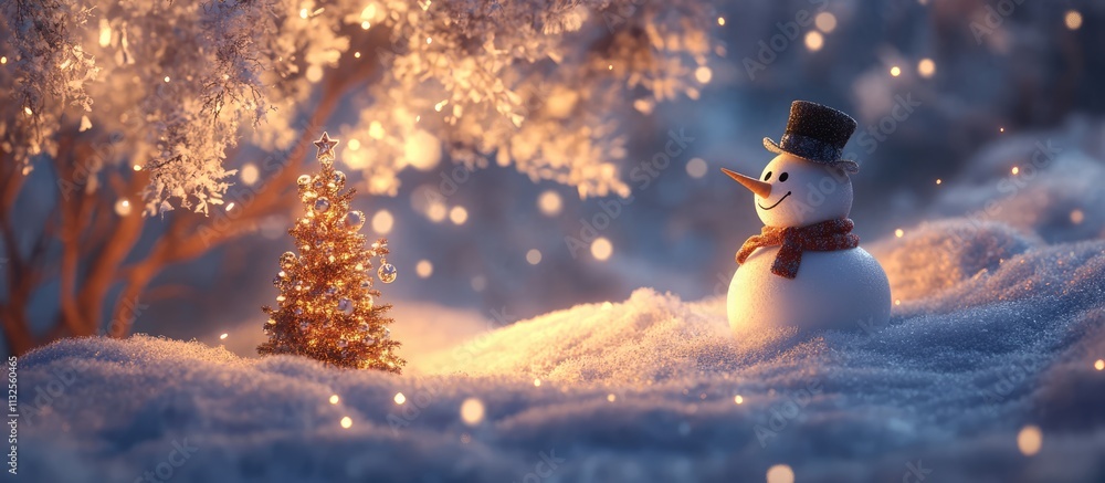 Poster snowman in a snowy landscape with sparkling lights and a christmas tree creating a magical winter sc