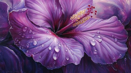 Obraz premium Vibrant Close-up of Purple Hibiscus Flower with Dew Drops
