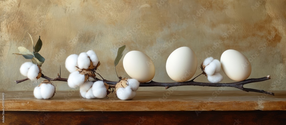 Poster elegant composition of eggs and cotton branches on a rustic wooden surface with a textured backgroun