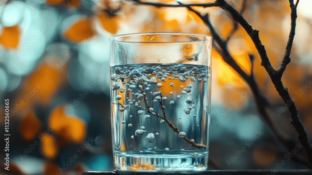 Poster air bubbles collect on branches submerged in clear water, creating a serene and visually captivating