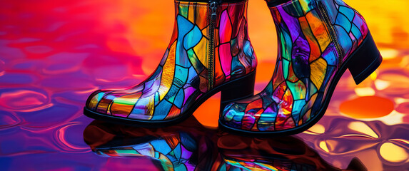 Obraz premium Vivid Multicolored Stained Glass Boots with Artistic Reflections