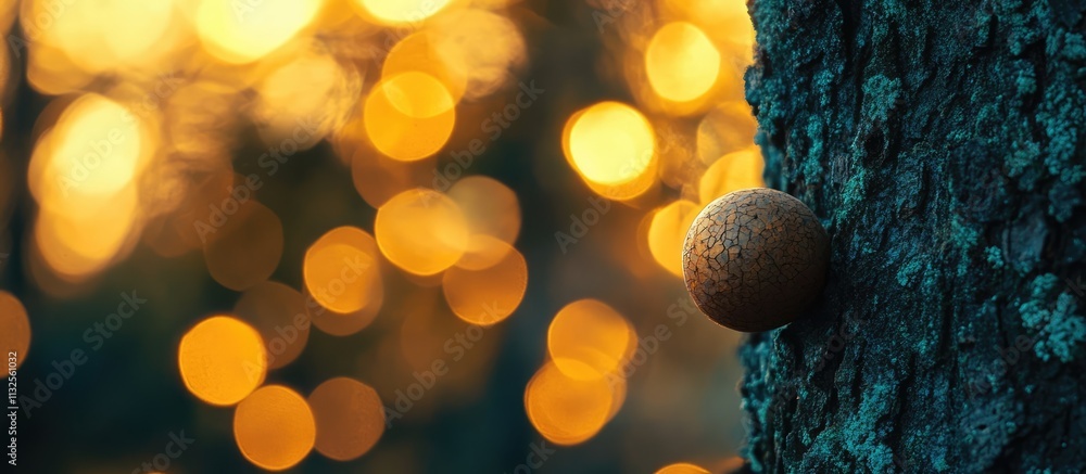 Poster brown ball resting on tree bark with blurred yellow lights in the background creating a dreamy and s