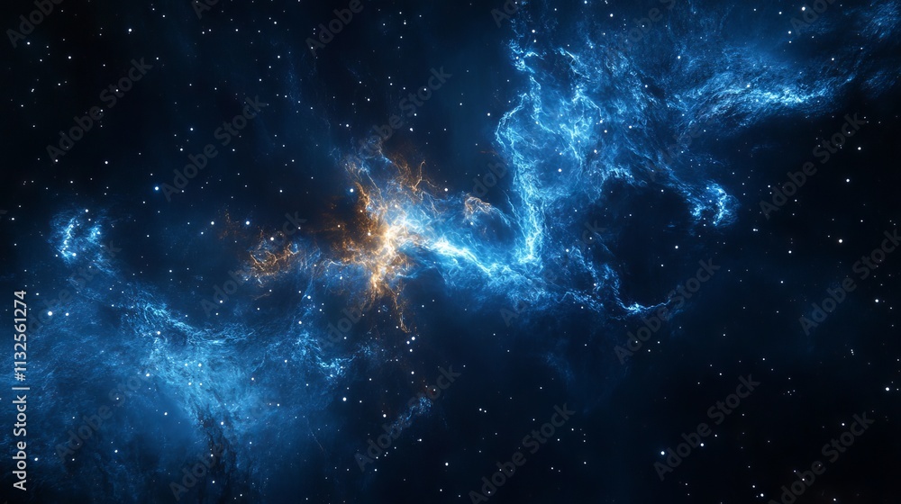 Poster vibrant blue outer space background with nebula clouds and glimmering stars – dramatic galaxy view d