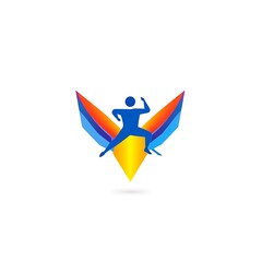 Dynamic Fitness Logo: A vibrant and energetic logo design featuring a stylized athlete in a powerful pose, framed by dynamic, colorful wings. Perfect for fitness centers, sports brands.