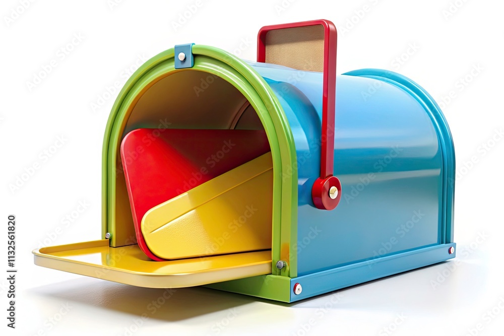 Poster colorful mailbox graphic; flat design style showcases a happy postal service, emphasizing efficient 