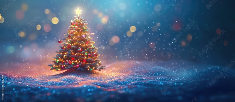 Poster abstract christmas scene with a beautifully decorated tree surrounded by sparkling lights and soft b