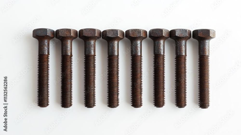 Poster series of metal bolts with incomplete threads arranged in a row on a white background showcasing ind