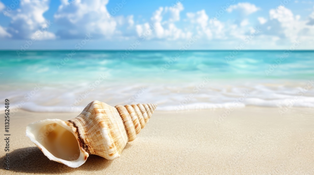 Poster seashell resting on a tranquil sandy beach with gentle waves and a blue sky background in a serene c