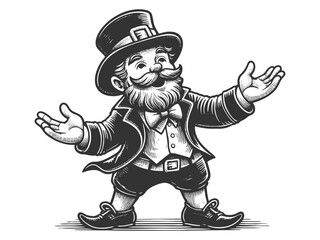 Obraz premium leprechaun wearing a top hat and bowtie, standing with open arms and a welcoming pose sketch engraving generative ai vector illustration. Scratch board imitation. Black and white image.