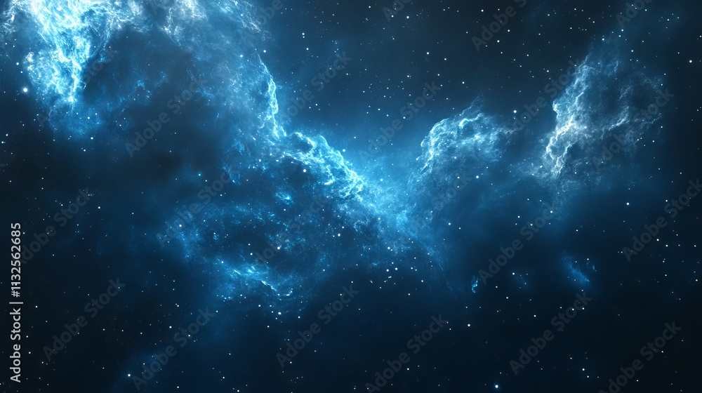 Poster vibrant blue outer space background with nebula clouds and glimmering stars – dramatic galaxy view d