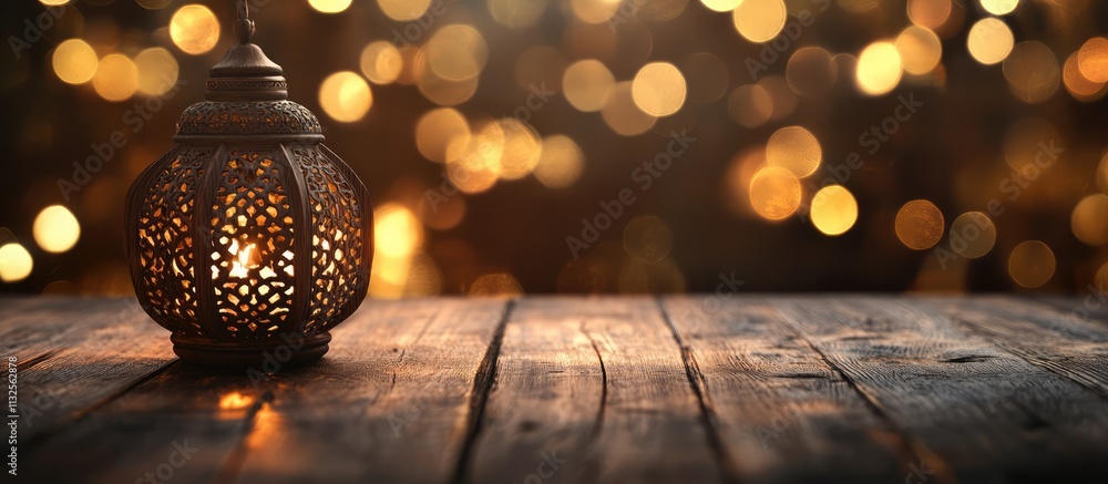 Poster a beautifully crafted lantern on a wooden table with a warm bokeh background creating a cozy and inv