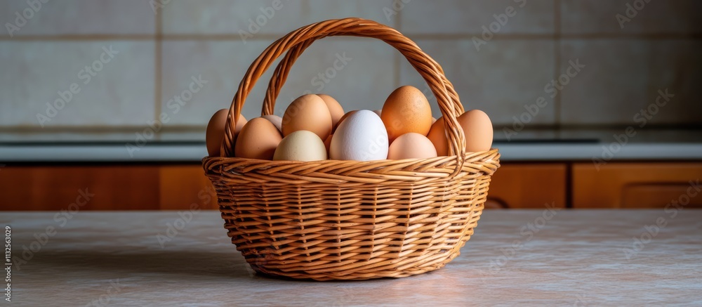 Poster wicker basket filled with various eggs on kitchen table with soft lighting creating a warm and invit