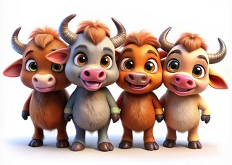 Obraz premium Cute cartoon buffalo characters in a charming lineup against a white backdrop.