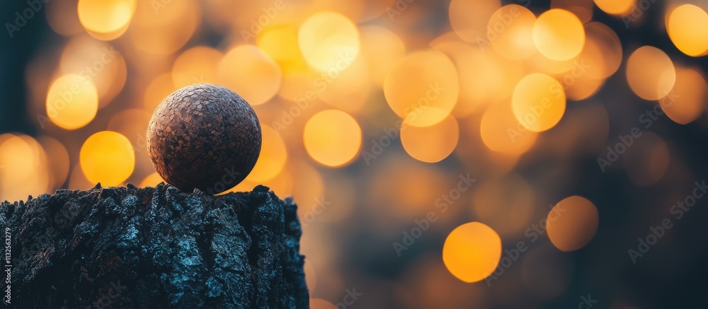 Poster a rustic brown ball perched on a tree stump with a dreamy backdrop of yellow blurred lights creating