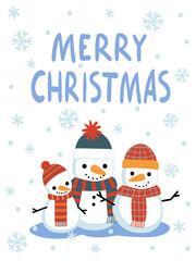 Snowman family mom, dad and baby on cute Christmas flat vector greeting card. Snow and snowflakes on white background.