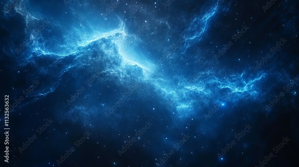 Poster vibrant blue outer space background with nebula clouds and glimmering stars – dramatic galaxy view d