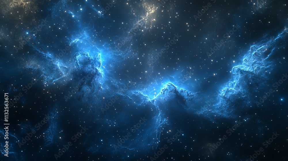 Poster vibrant blue outer space background with nebula clouds and glimmering stars – dramatic galaxy view d