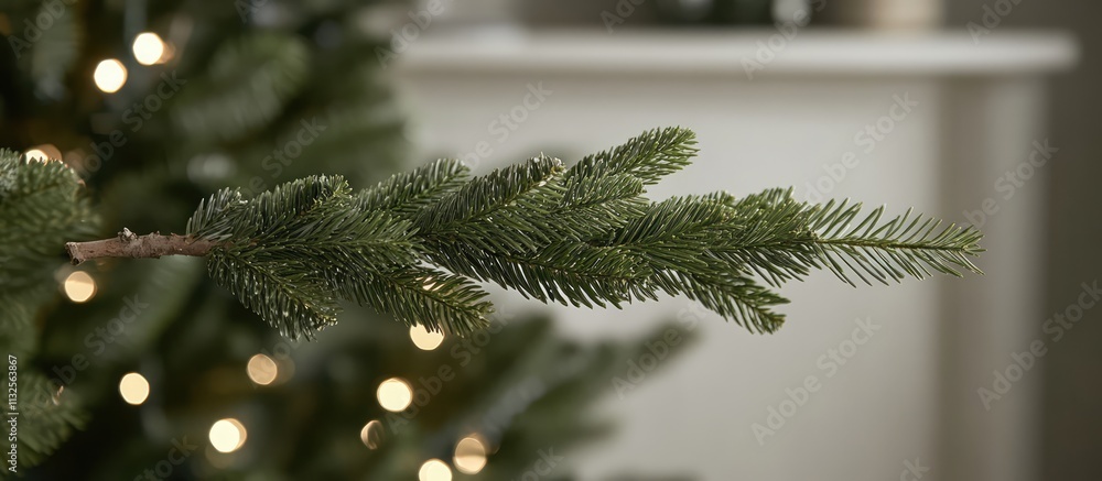 Poster decorative branch of a green christmas tree with soft bokeh lights in the background creating a fest