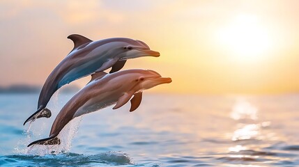 Fototapeta premium Two dolphins leaping high above ocean waves at sunset.
