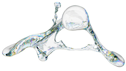 Realistic 3D splash of clear liquid, showcasing a smooth, flowing wave with scattered droplets....