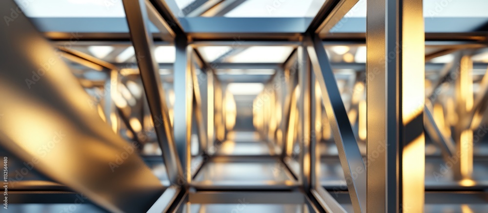 Poster intricate metallic framework with reflections and lighting emphasizing depth and geometry in a moder