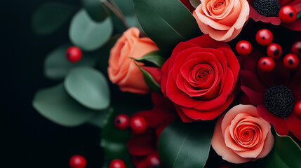Bouquet of red and peach roses with eucalyptus leaves for valentine's day