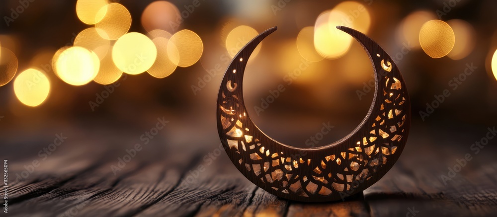 Poster rustic crescent moon lantern on a wooden surface with warm bokeh background creating a cozy and invi