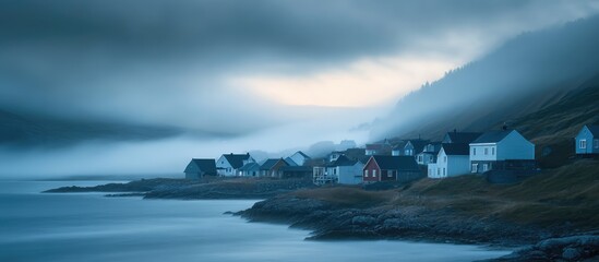 Misty dawn over a serene coastal village with colorful homes and dramatic clouds reflecting in calm waters.