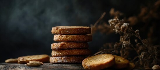 Almond biscuits stacked on rustic wooden surface with dark backdrop highlighting textures and natural tones