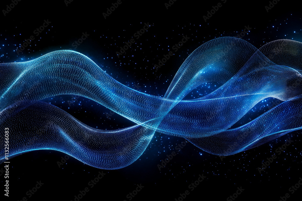 Poster abstract blue color digital particles wave with bokeh and light background
