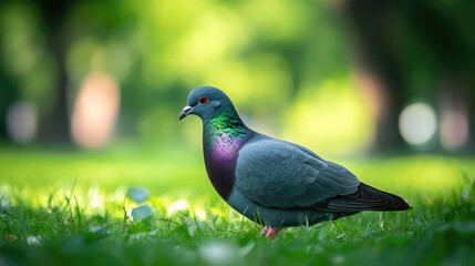 Obraz premium Pigeon on vibrant green grass with soft bokeh background capturing serene outdoor environment and nature's beauty.