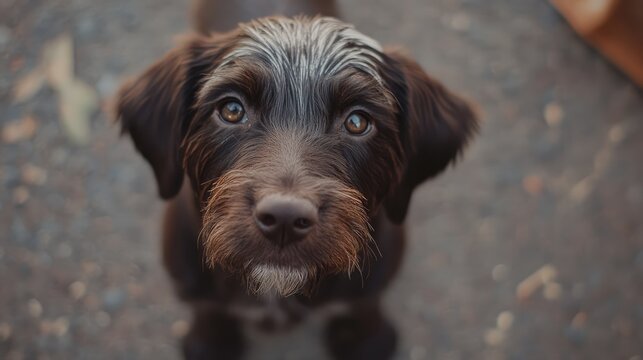 Wirehaired pointing griffon puppy looking curiously upward with expressive eyes on a blurred outdoor background